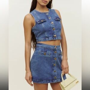 Reformation Light Blue Denim Jean Set with Skirt and vest.